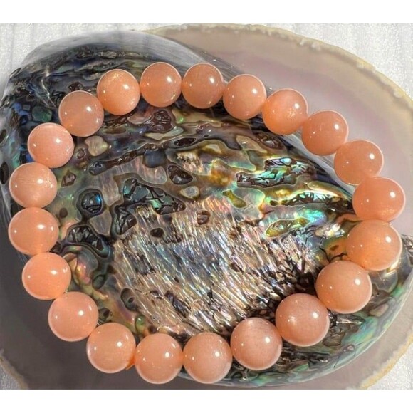 High Quality Peach Moonstone Beaded Stretch Bracelet - 10mm beads - Picture 2 of 4